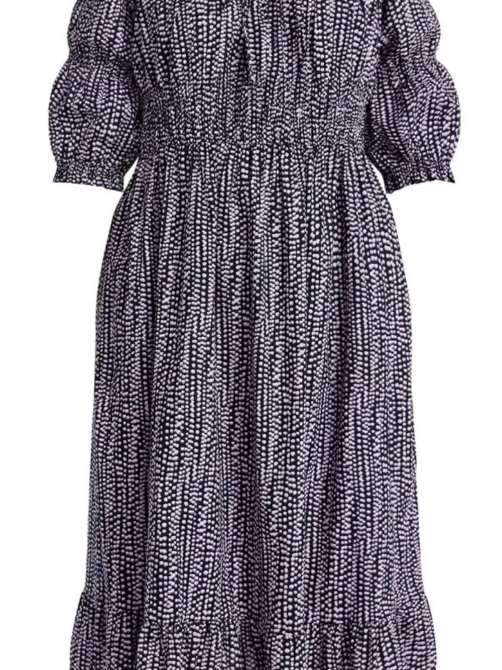 Terra & Sky Puff-Sleeve Midi Dress in Navy Dot